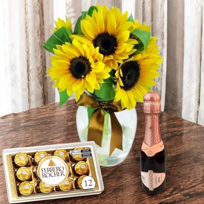 Arranjo de Girassóis no Vaso de Vidro, Ferrero Rocher e Mini Chandon