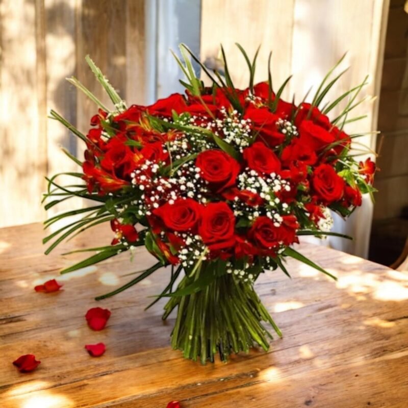 Buquê Elegante de Rosas Vermelhas e Astromélias
