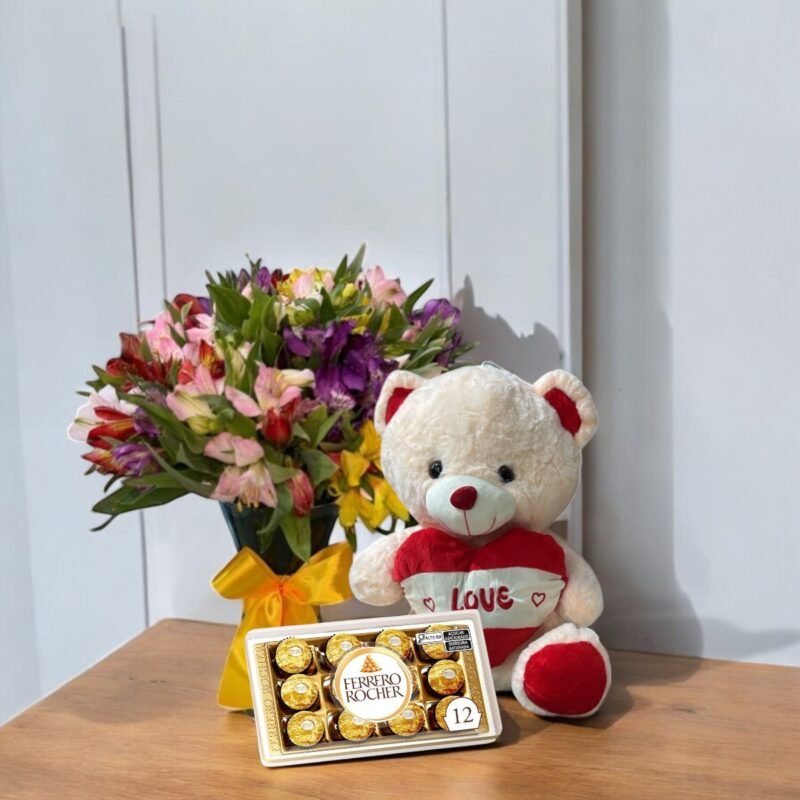 Luxuosas Astromélias Coloridas no Vaso de Vidro, Ferrero Rocher e Urso 20 cm