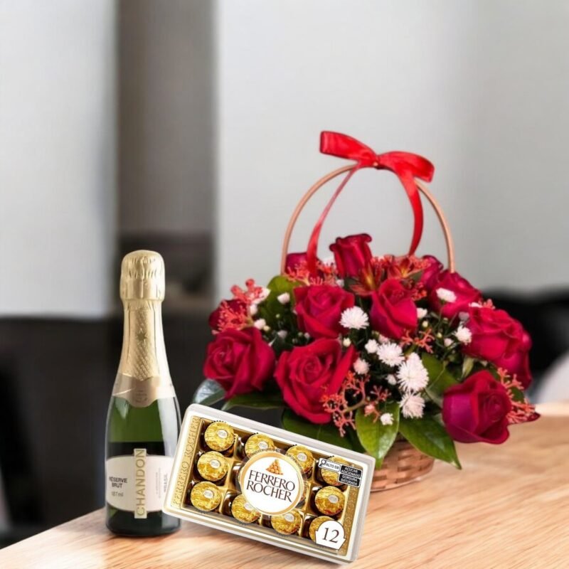 Cesta de 14 Rosas Vermelhas, Mini Chandon e Ferrero Rocher