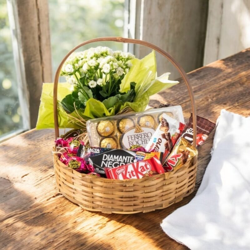 Cesta com Chocolate e Flores de Luxo