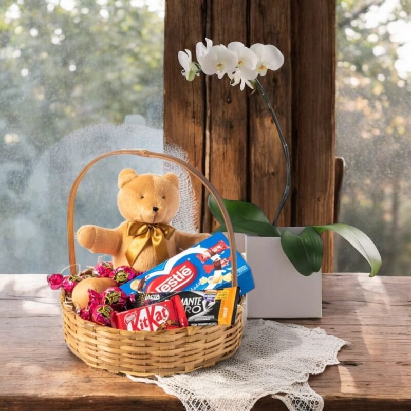 Orquídea Branca, Cesta com Chocolates e Urso