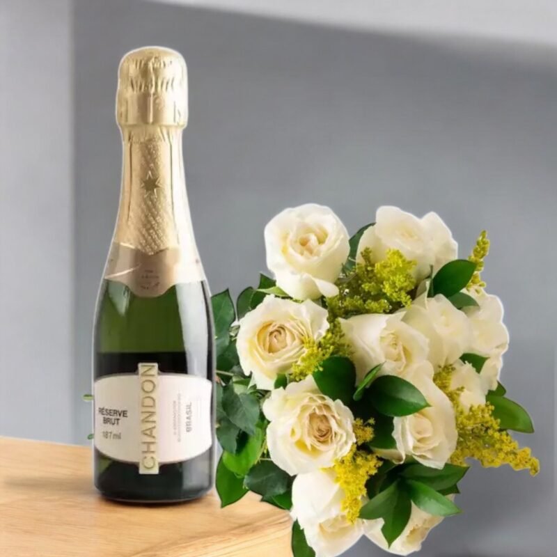 Buquê 16 Rosas Brancas e Chandon Baby