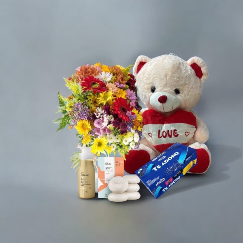 Mix de Flores Especiais, Urso 20 cm, Caixa de Bombom e Kit Natura