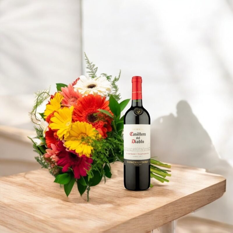Buquê de Gérberas e Vinho Casillero del Diablo
