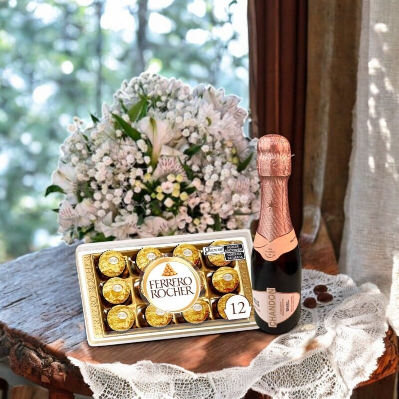 Buquê de Astromélia, Gipsofila Branca, Ferrero Rocher e Mini Chandon