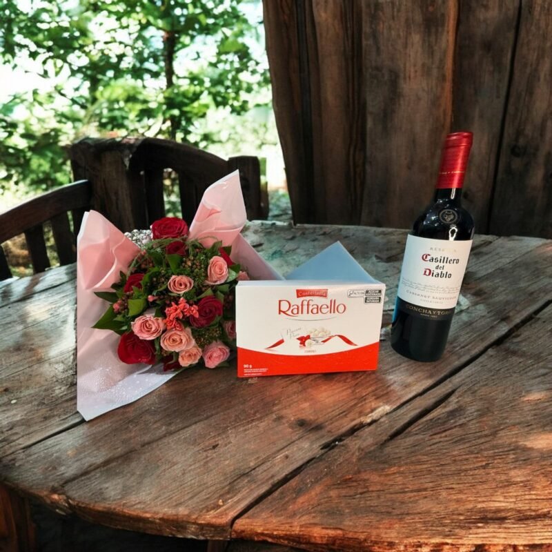 Buquê 14 Rosas Mistas, Raffaello e Casillero: Presente Completo