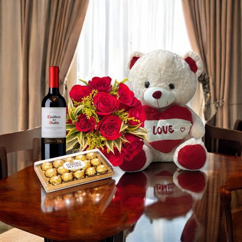 Buquê 12 Rosas, Ferrero Rocher, Pelúcia e Vinho Casillero