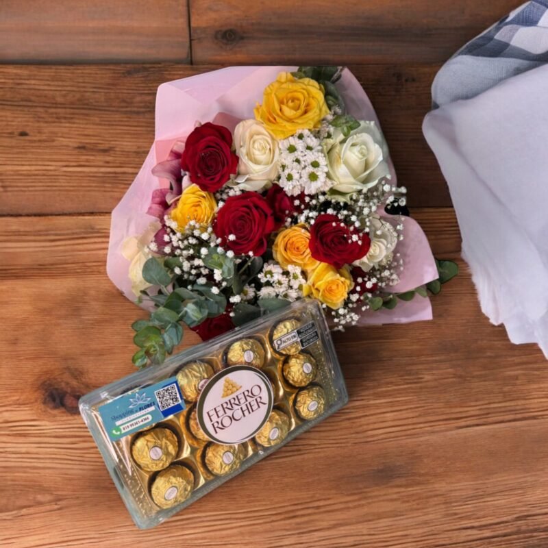 Buquê de Rosas Coloridas e Ferrero Rocher - 15 Rosas