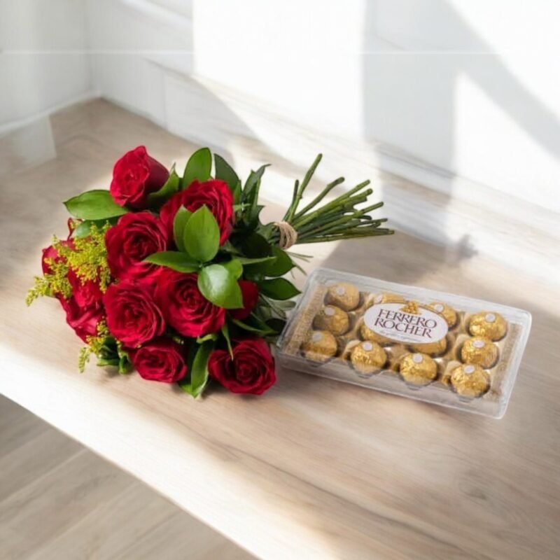 Buquê de 12 Rosas Vermelhas e Ferrero Rocher